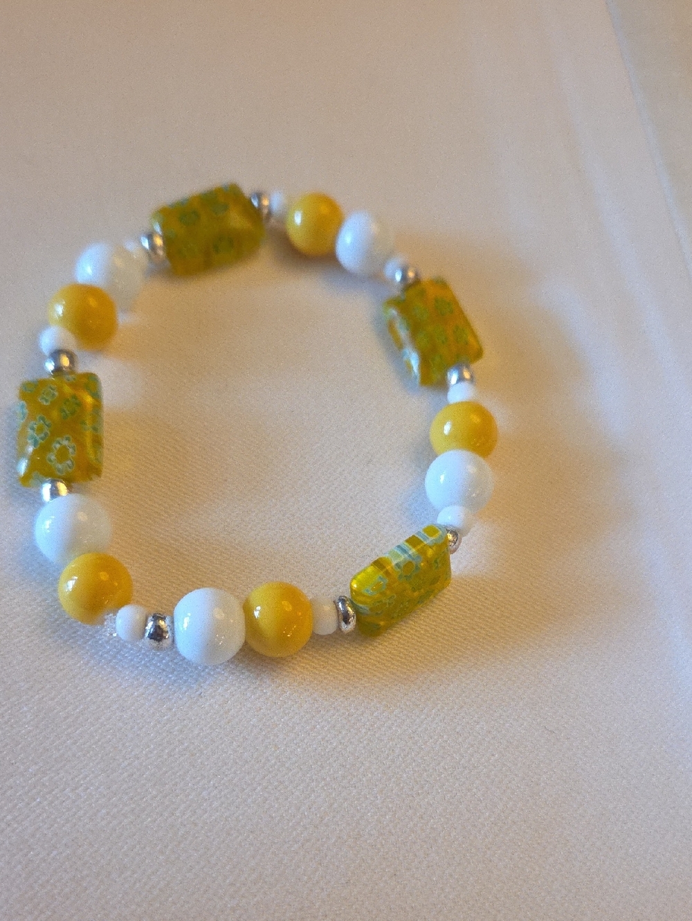 Yellow & White Beaded Stretch Bracelet - Women Jewelry
